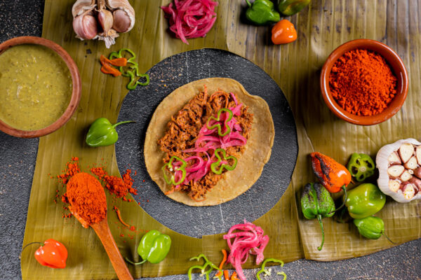 Cochinita pibil Taco with condiments