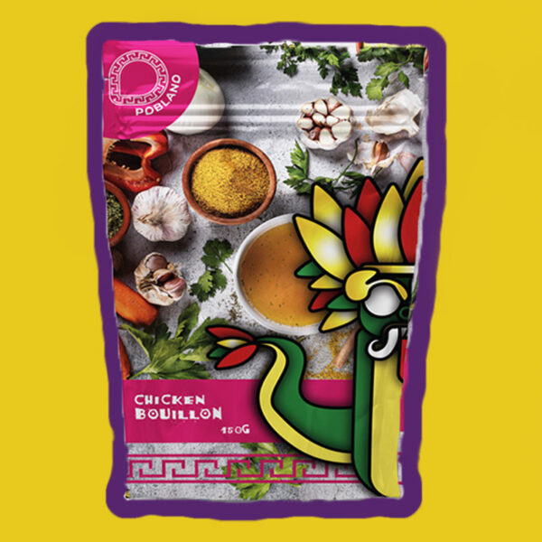 Packaging of chicken buillon with a picture of the chicken powder and soup surounded by ingredients with an illustration of an aztec god